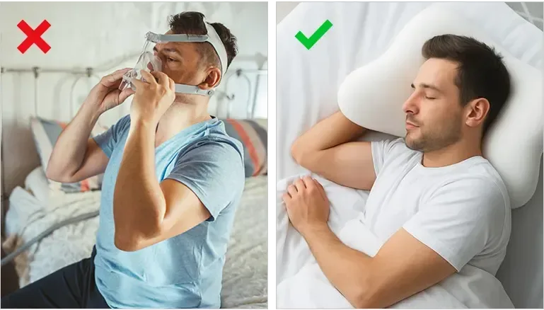 A diagram of a man where on one side he's sitting up with a CPAP mask on and the other is a different man sleeping comfortably with the CloudAlign pillow