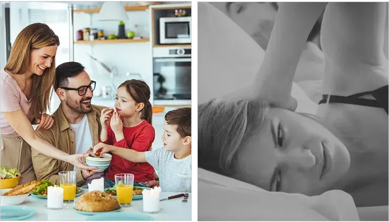 two images one with a family enjoying a meal and the other a woman in bed covering her ears due to snoring
