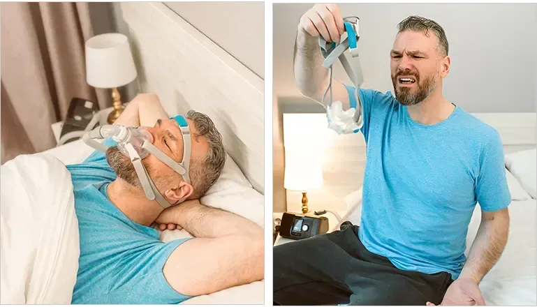 two images, one of a man lying down with a CPAP mask and the other one the same man holding the mask disappointed in it