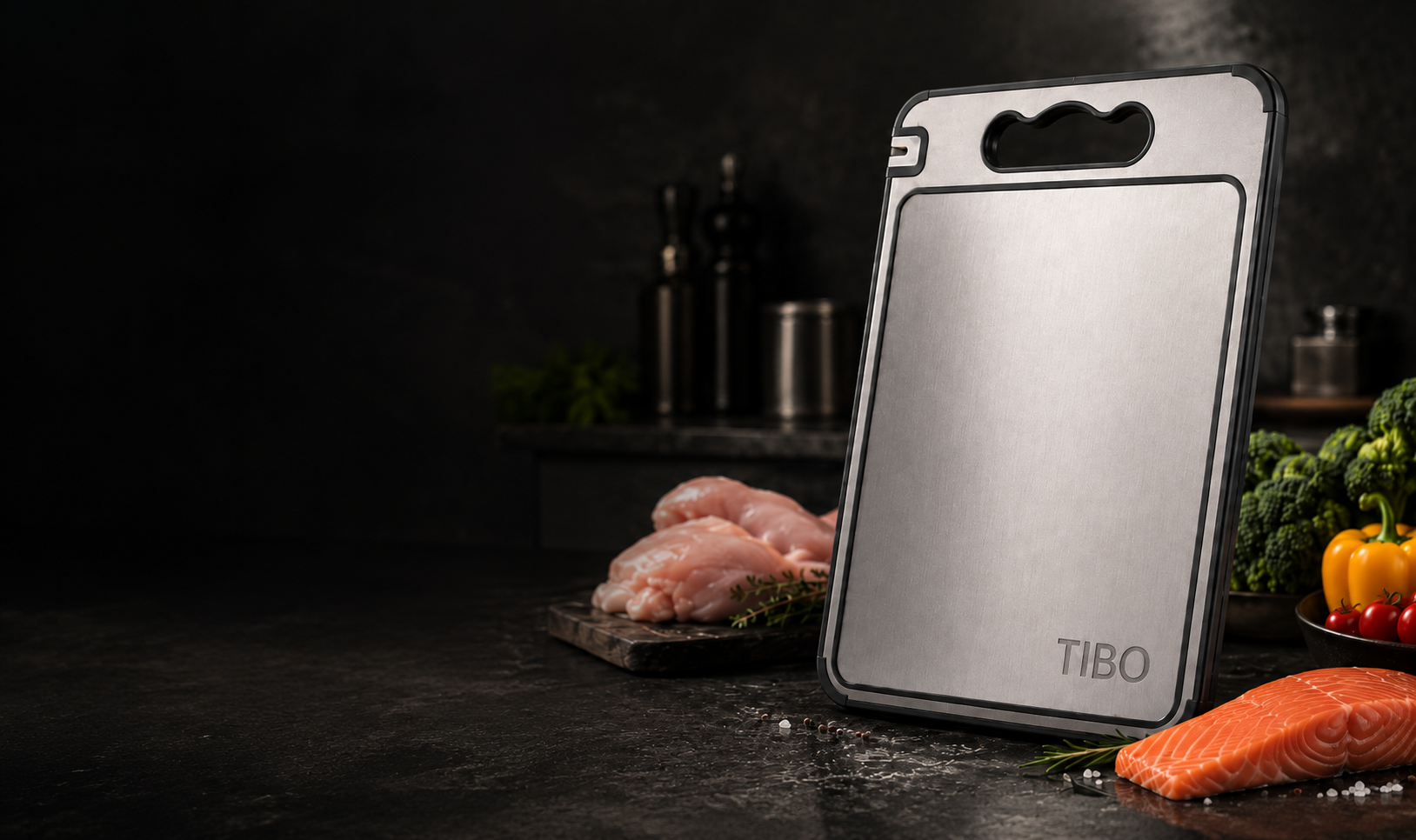 TIBO titanium cutting board with fresh ingredients