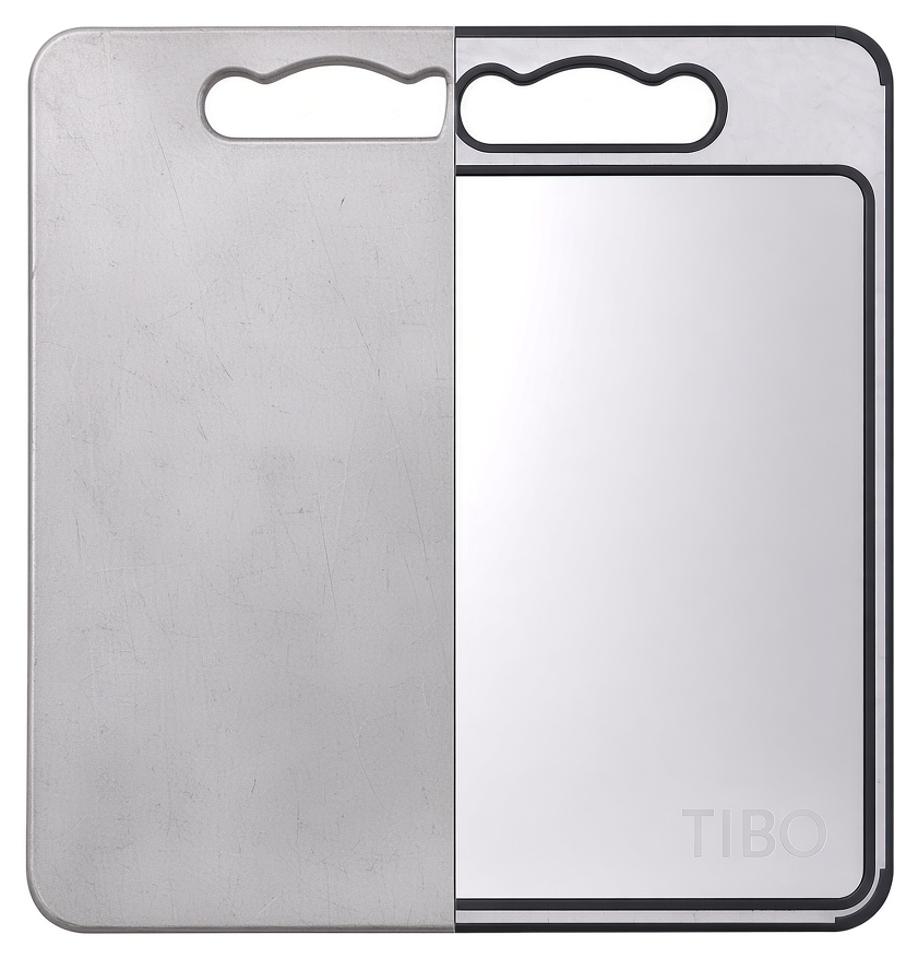 A worn, scratched fake titanium board next to TIBO's genuine mirror-polished titanium surface