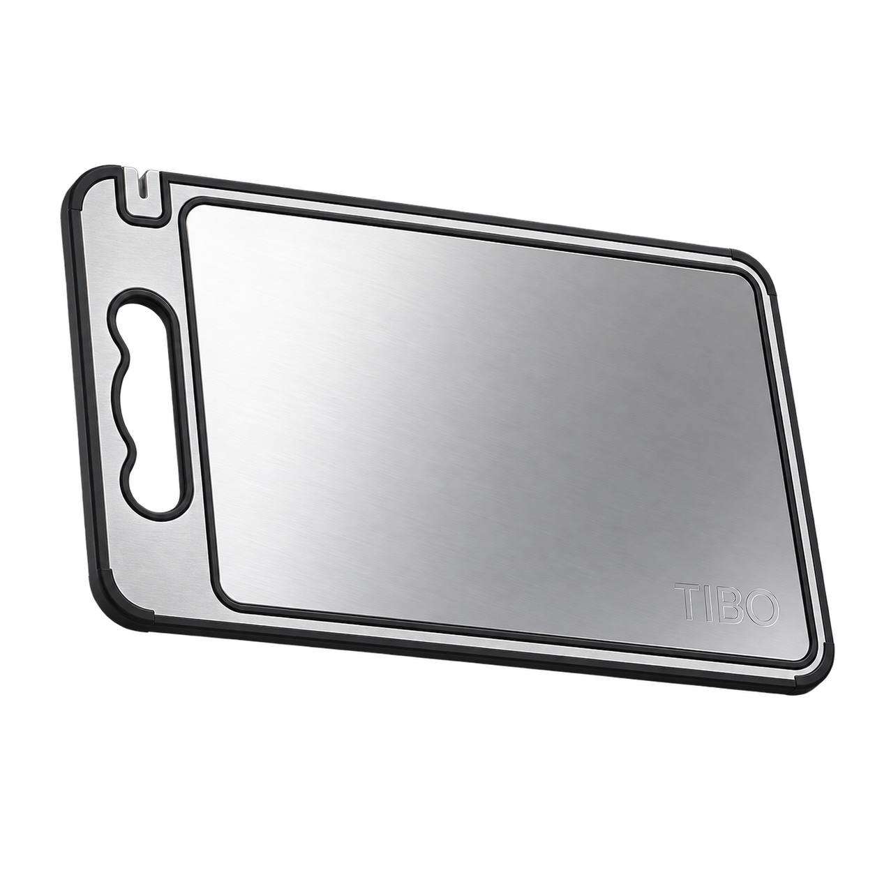 TIBO titanium cutting board shown at an angle, showing the brushed titanium surface, rubberized edge, and engraved TIBO logo